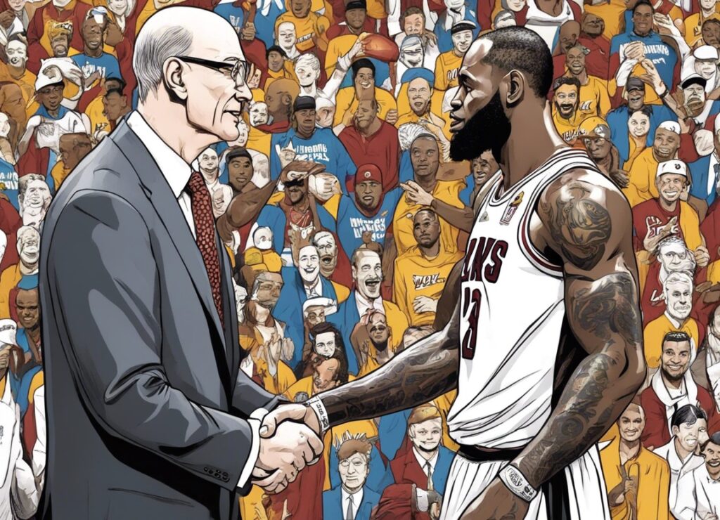 Adam Silver shacking hands with lebron james