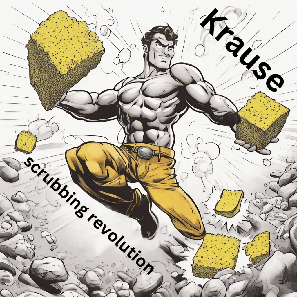 illustration of a man who revolutionized scrubbing industry holding sponges in his hands