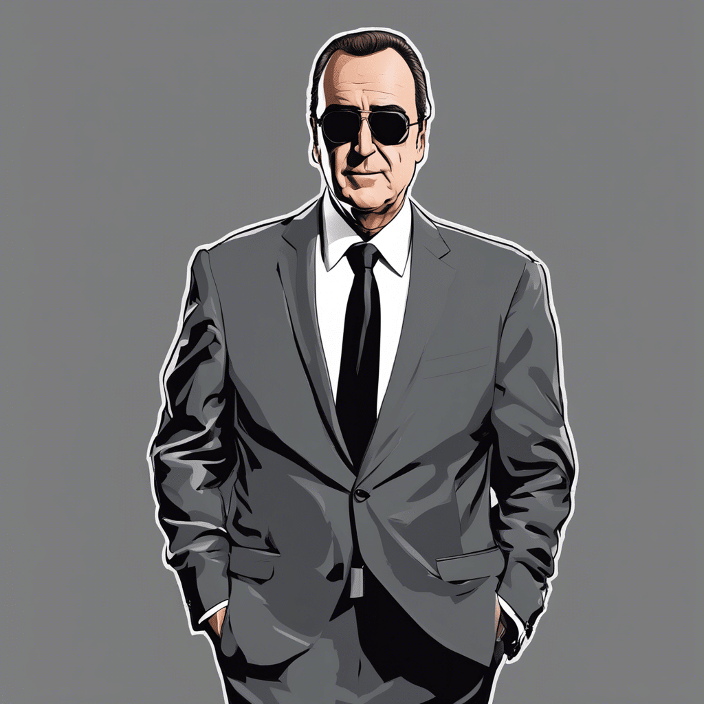 Al Michaels wearing grey suit, black sunglasses and grey background