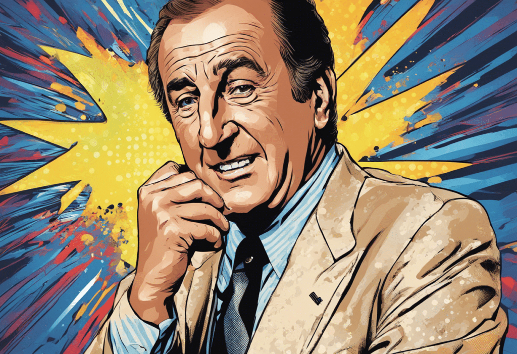 Al Michaels illustrated biography, shiny background, portrait