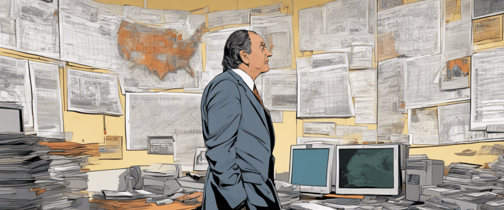 Al Michaels looking at the wall full of spreadsheets