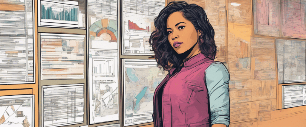 Angela Yee going through business analysis, portrait