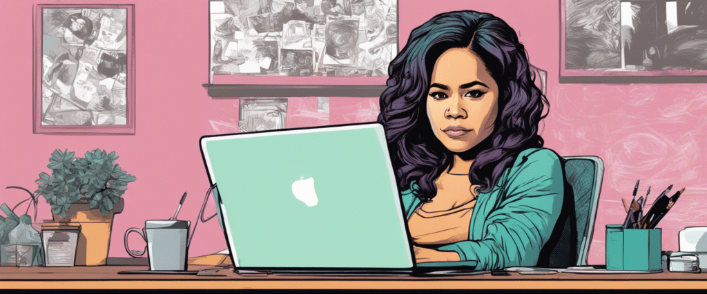 Angela Yee on a laptop working