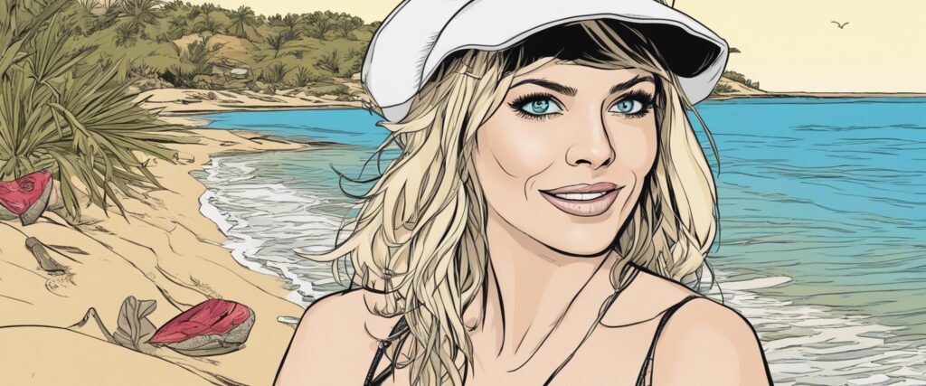 Anna Faris on a beach with captain's hat