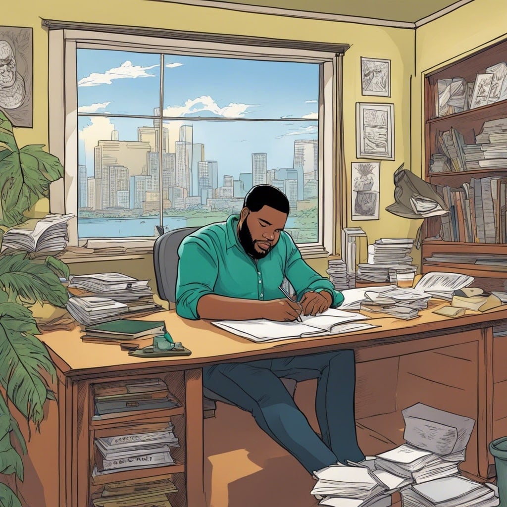 Anthony Anderson writing in his office, papers everywhere