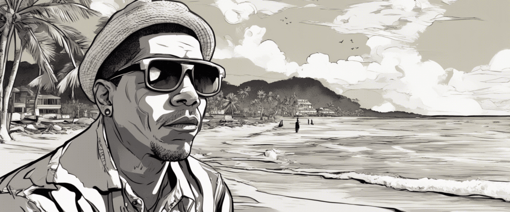 Benzino on a beach having fun