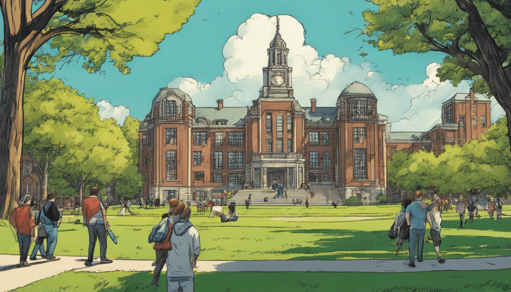 Boston University grounds, green grass, blue sky with clouds in the distance, huge university building, old style