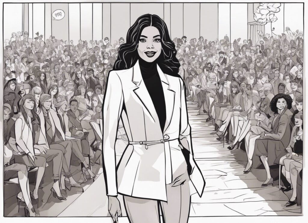 Constance Nunes on a fashion show modeling on a stage
