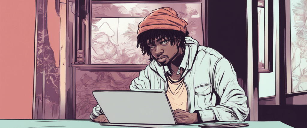 CoryxKenshin on a laptop working