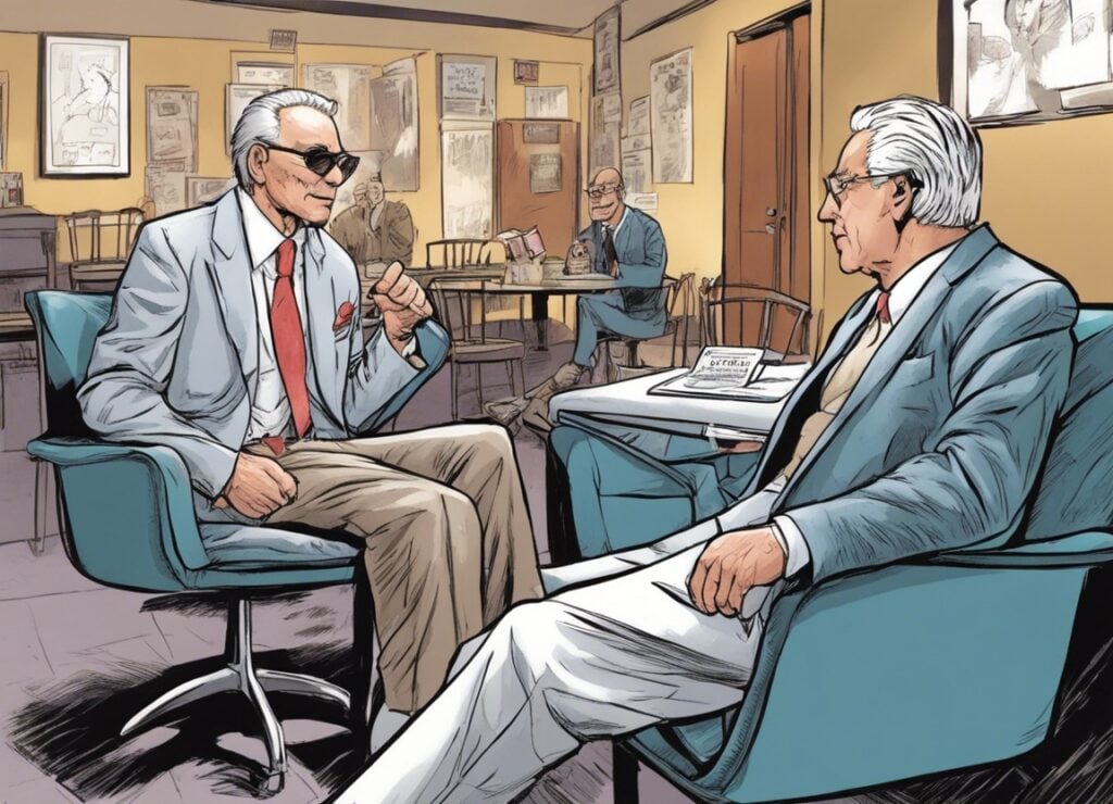 Dan Pena with a friend talking about business