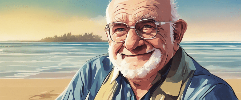 Ed Asner on a beach having fun