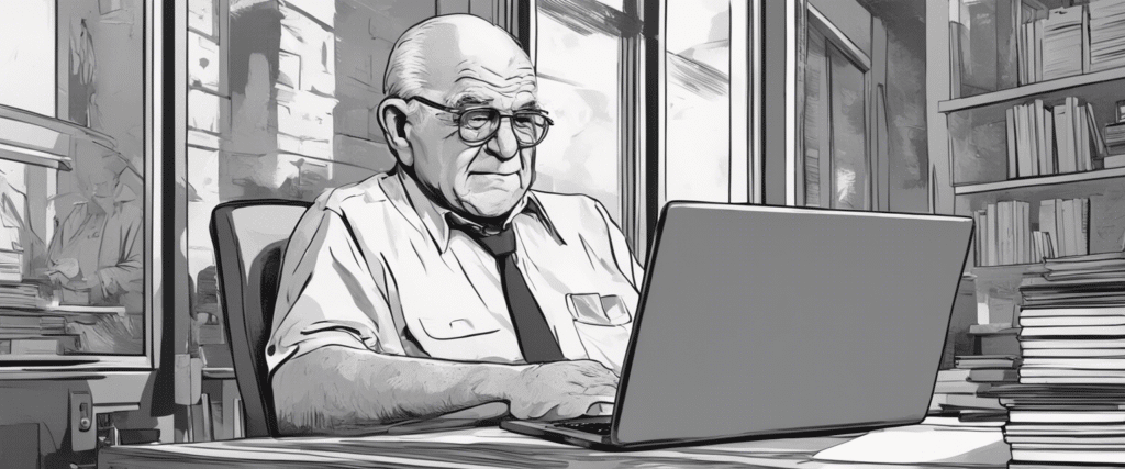 Ed Asner on a laptop working