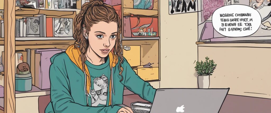 Emma Chamberlain as as teenager, on a laptop