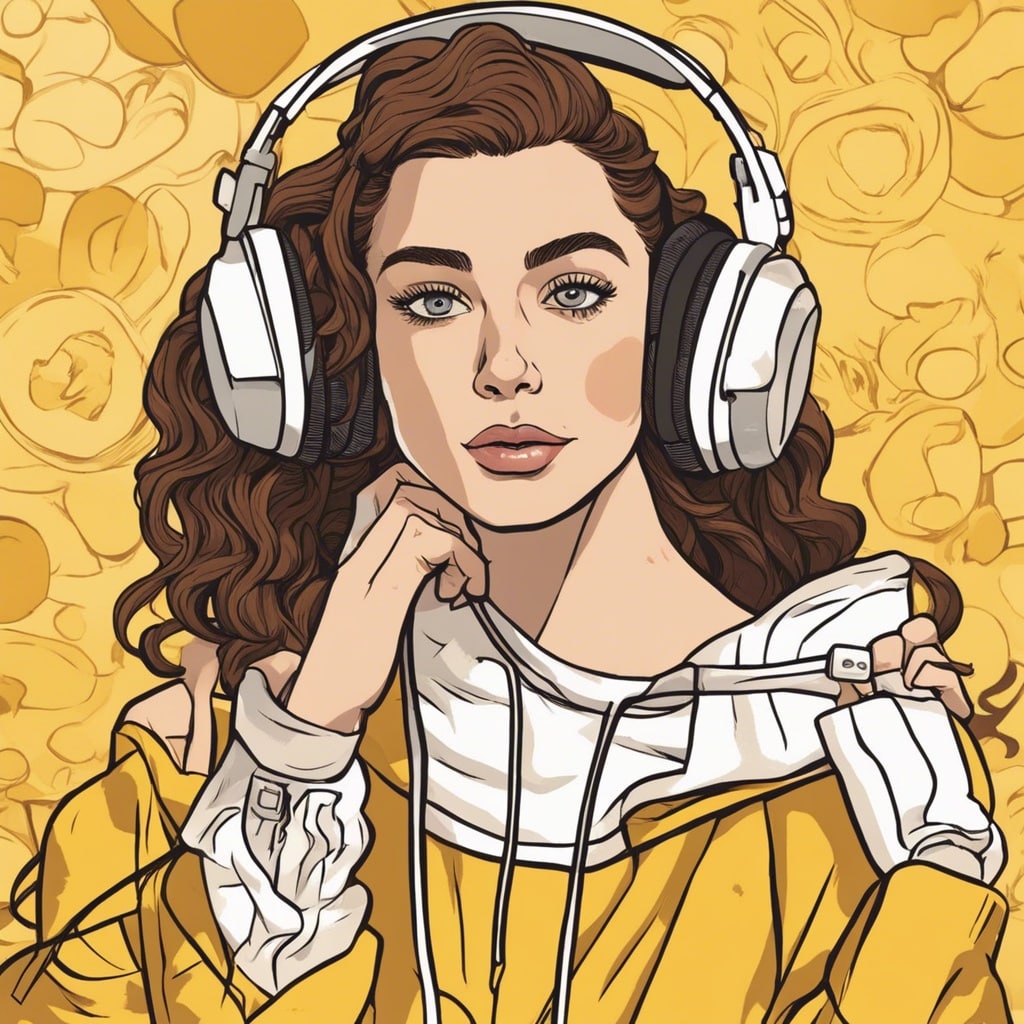Emma Chamberlain on a podcast, big headphones on, yellow and brown background