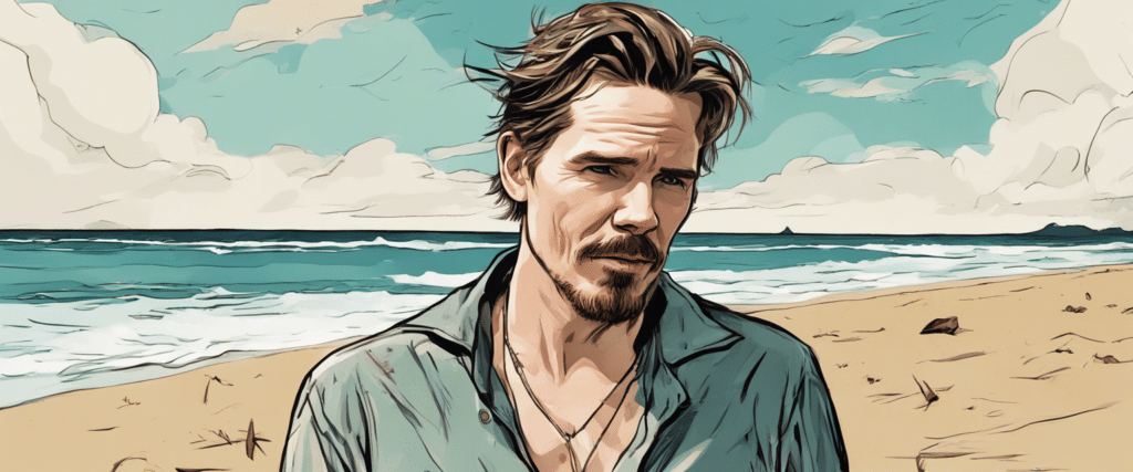 Ethan Hawke on a beach having fun