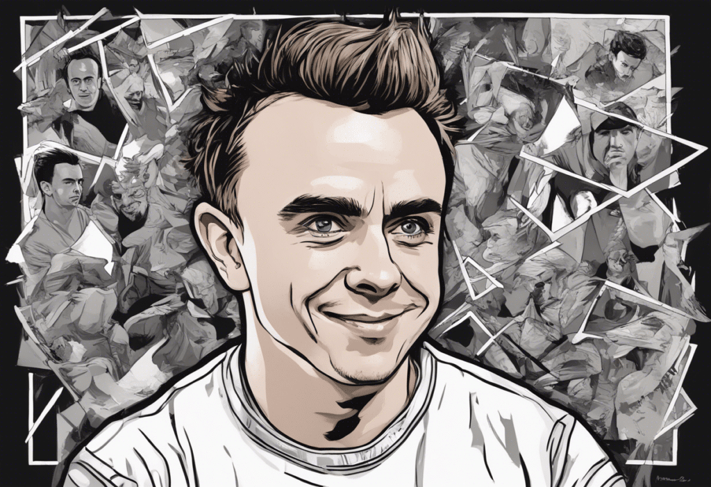 Frankie Muniz's portrait, collaboration of his career scenes in the background in black and white