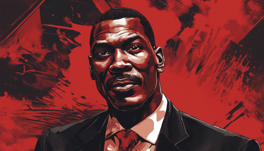 Hakeem Olajuwon portrait, wearing black suit, red and black background