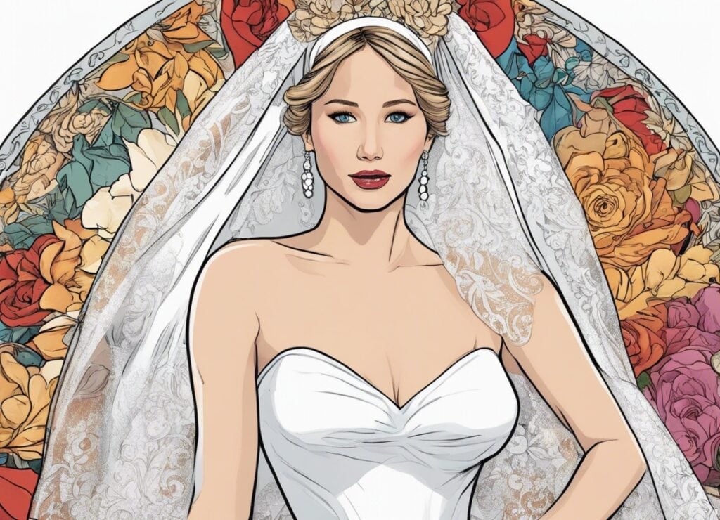 jennifer lawrence in a  wedding dress during her wedding, flowers in the background