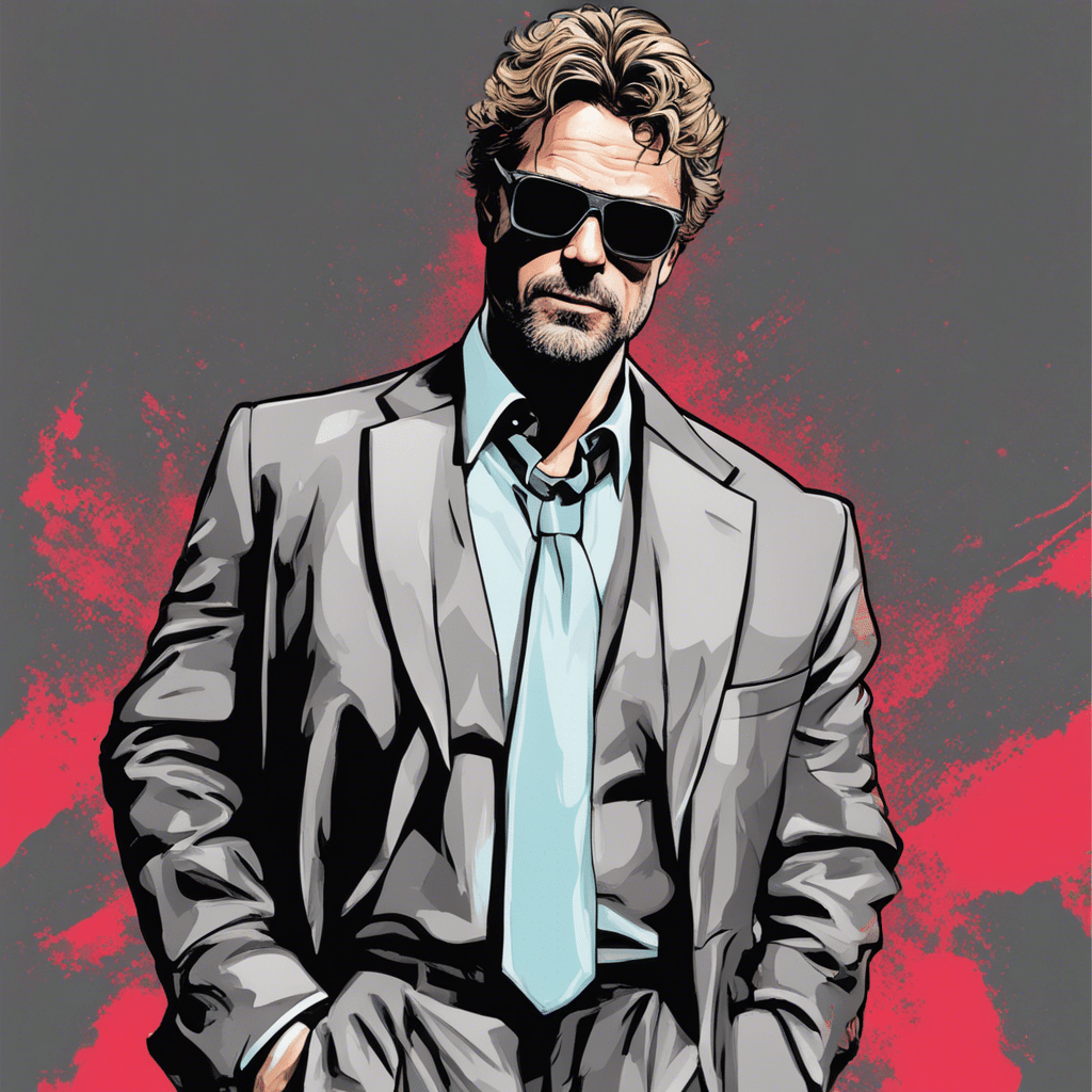 John Schneider wearing grey suit, grey and red background, wearing sunglasses