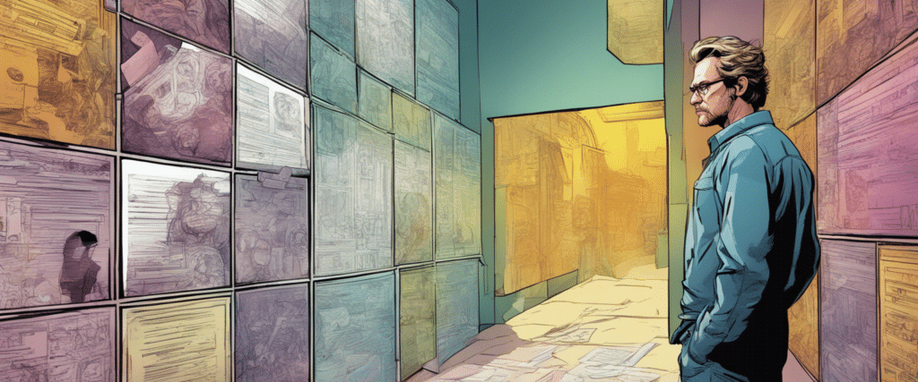 John Schneider going through business analytics, looking at the statistics on the wall