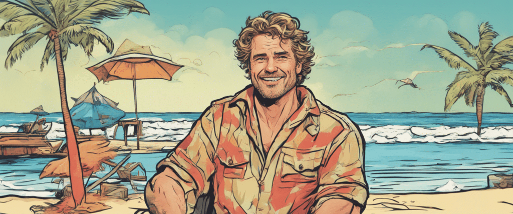 John Schneider on a beach having fun, see in the background