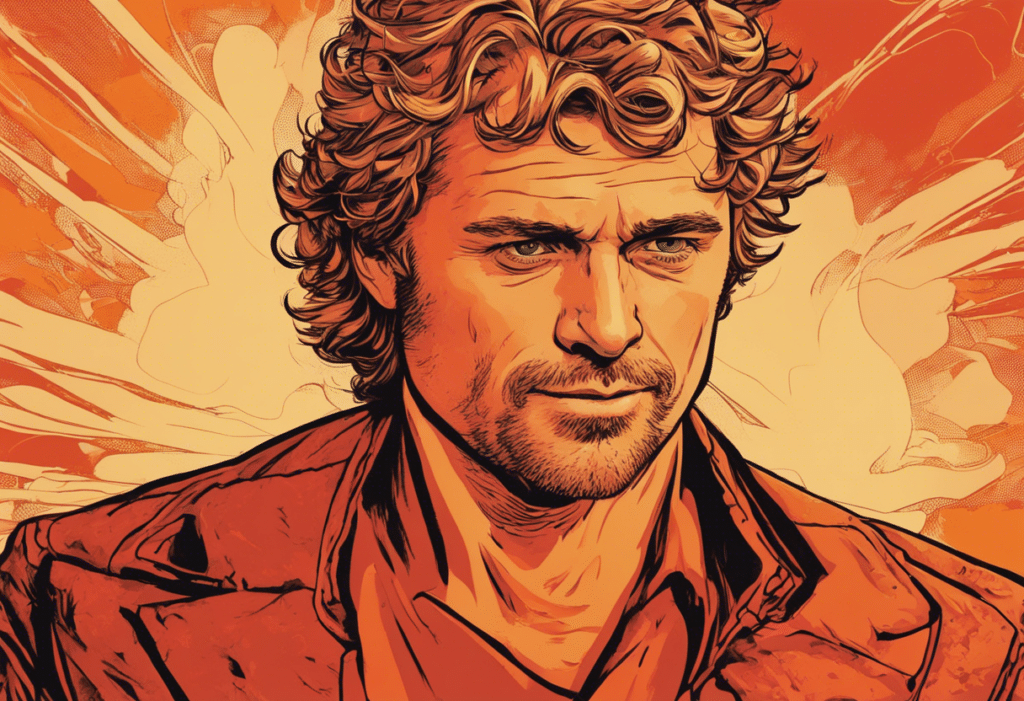 John Schneider illustrated biography, yellow orange and red background