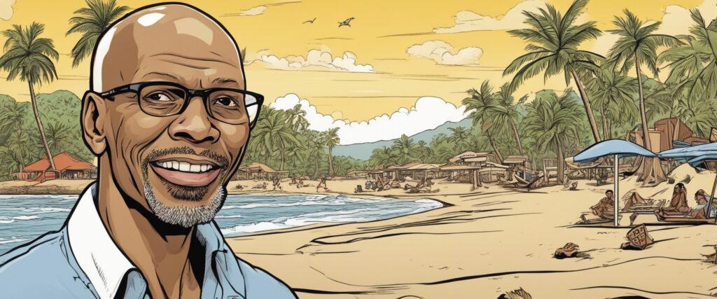 Kareem Abdul Jabba on a beach having fun