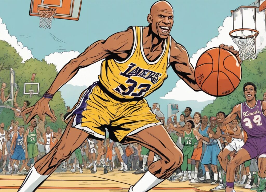 Kareem Abdul Jabbar in lakers's jersey playing basketball