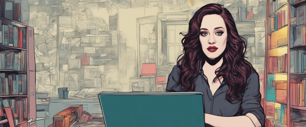 Kat Dennings on a laptop working