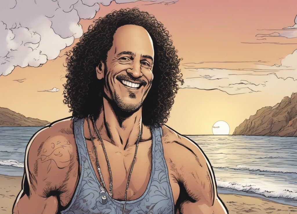 Kenny G on a beach having fun