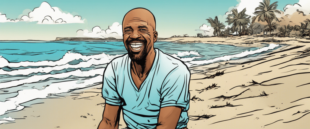 Kenny Smith on a beach having fun