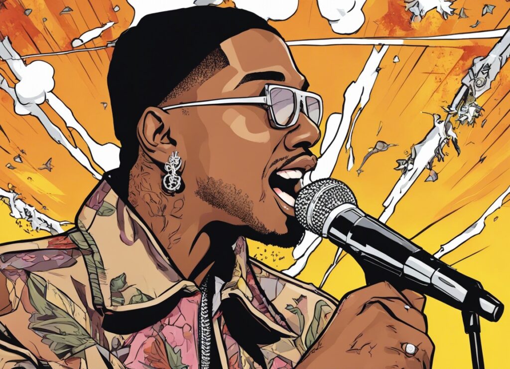 Key Glock  singing, yellow and orange portrait