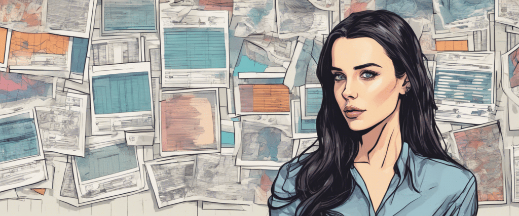Lana Rhoades looking at the wall full of stats and charts, portrait