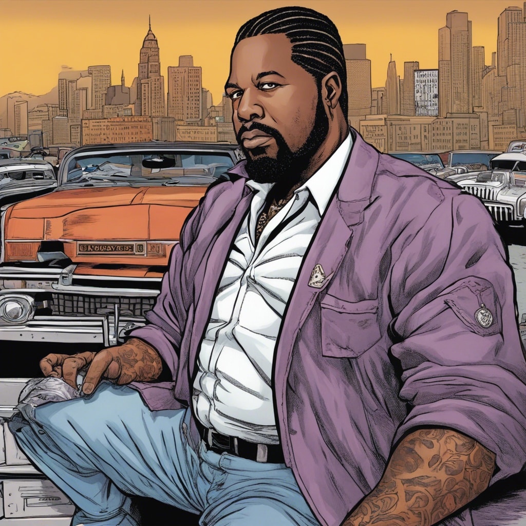 Larry Hoover as a gangster, old car in the background, city
