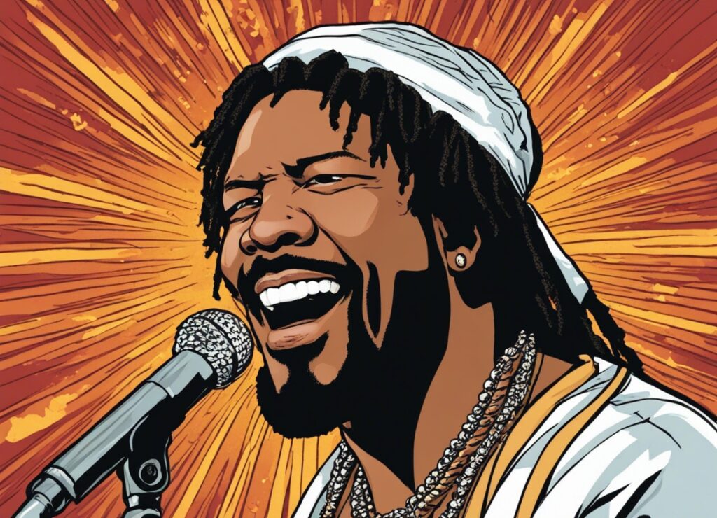 Larry Hoover singing portrait, red and yellow lights 