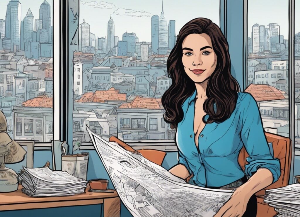 Lauren Sánchez in the news office city in the background 