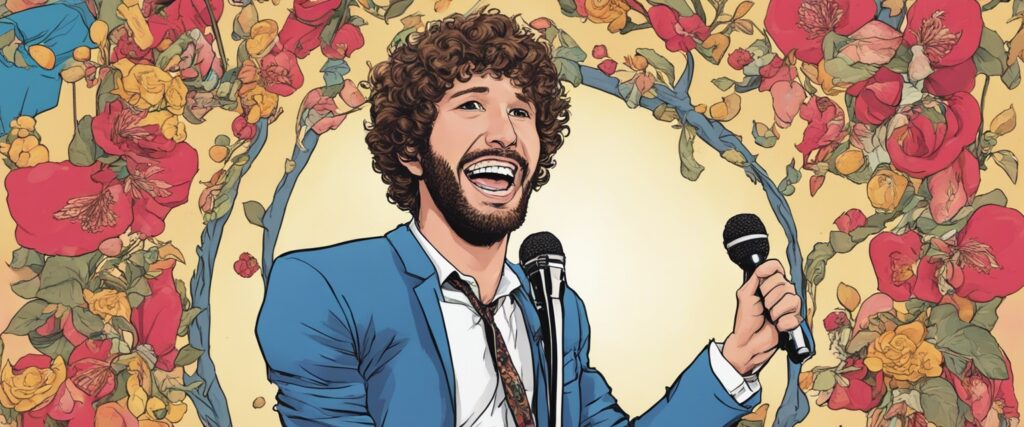 Lil Dicky singing, red flowers in the background