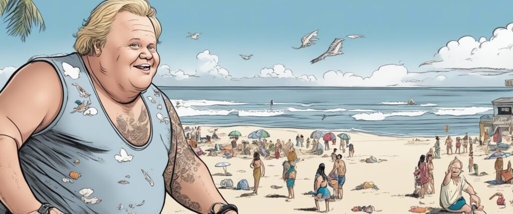 Louie Anderson on a beach having fun