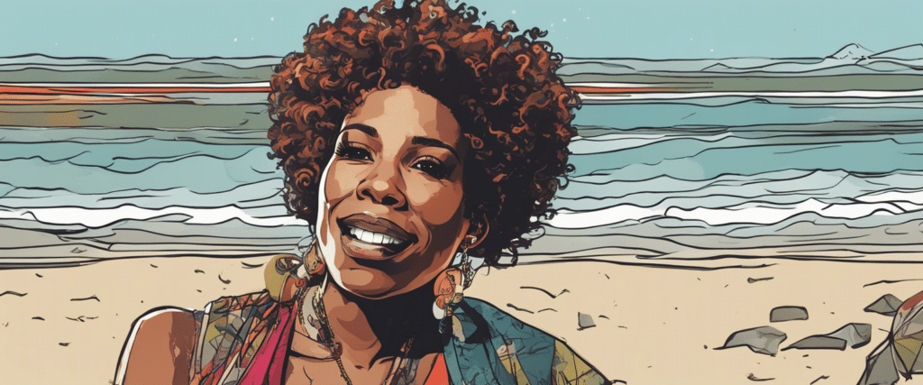 Macy Gray on a beach having fun