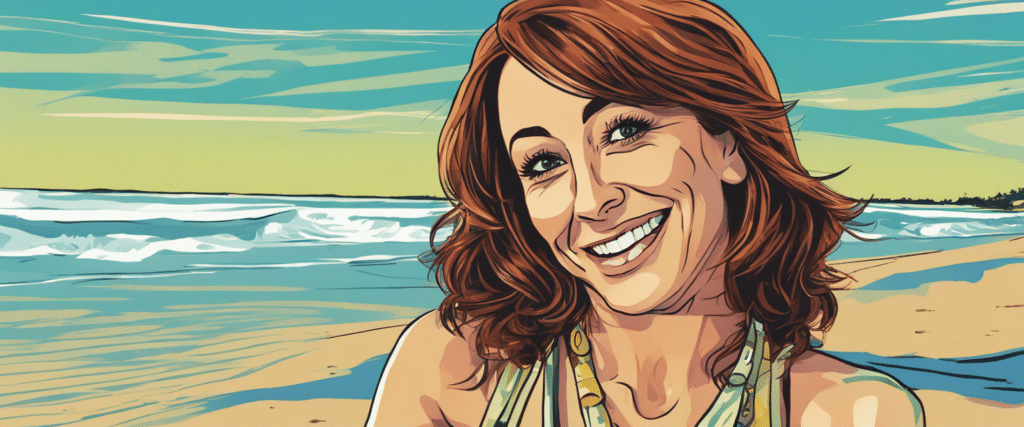 Patricia Heaton on a beach having fun