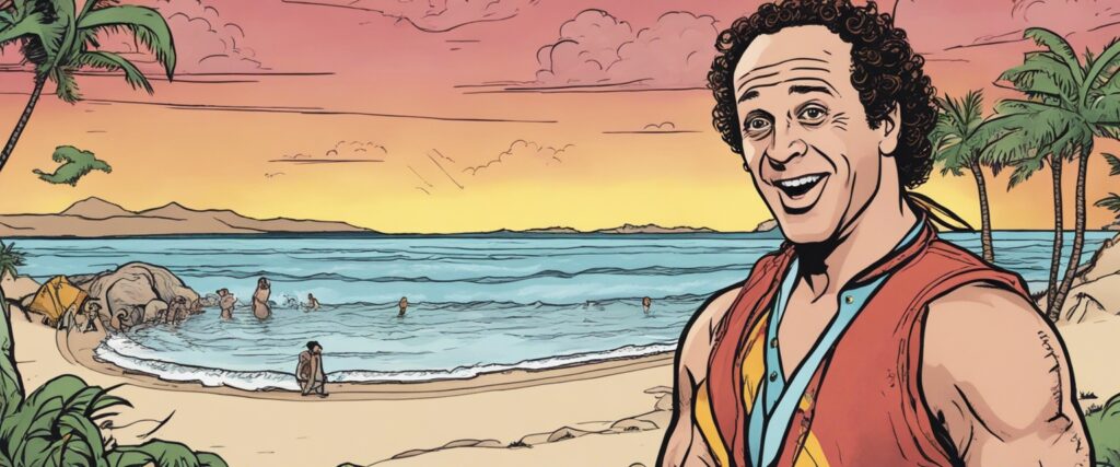Pauly Shore on a beach having fun