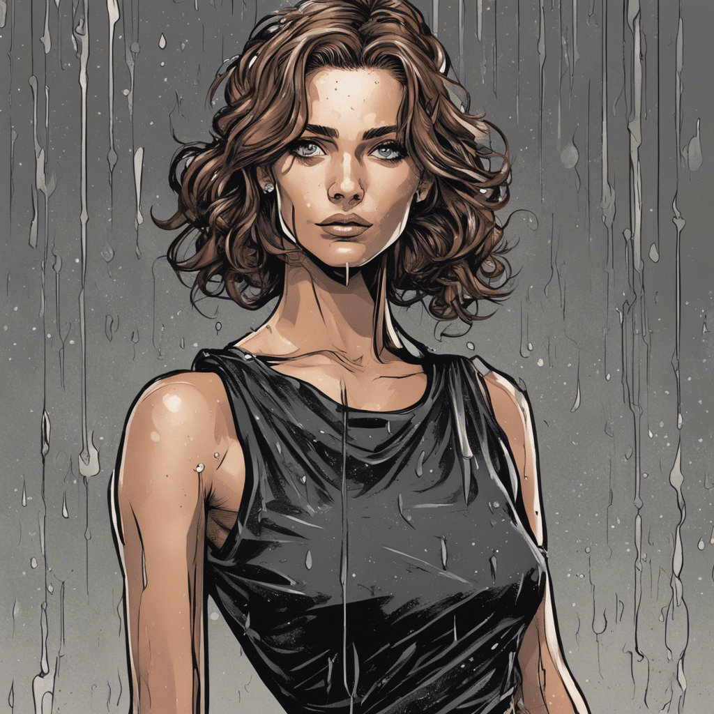 Rain Brown wearing black dress in a rain, short brunette hair, grey backgound