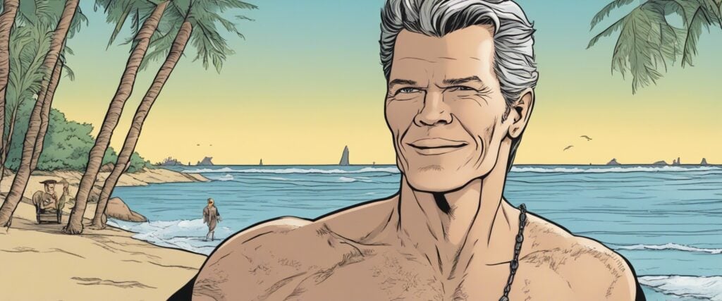 Randy Travis on a beach having fun, 