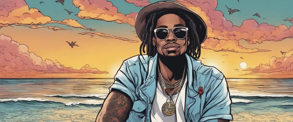 King Von on a beach during sunset, wearing hat, light blue jacket and white shirt, jewelry on the neck