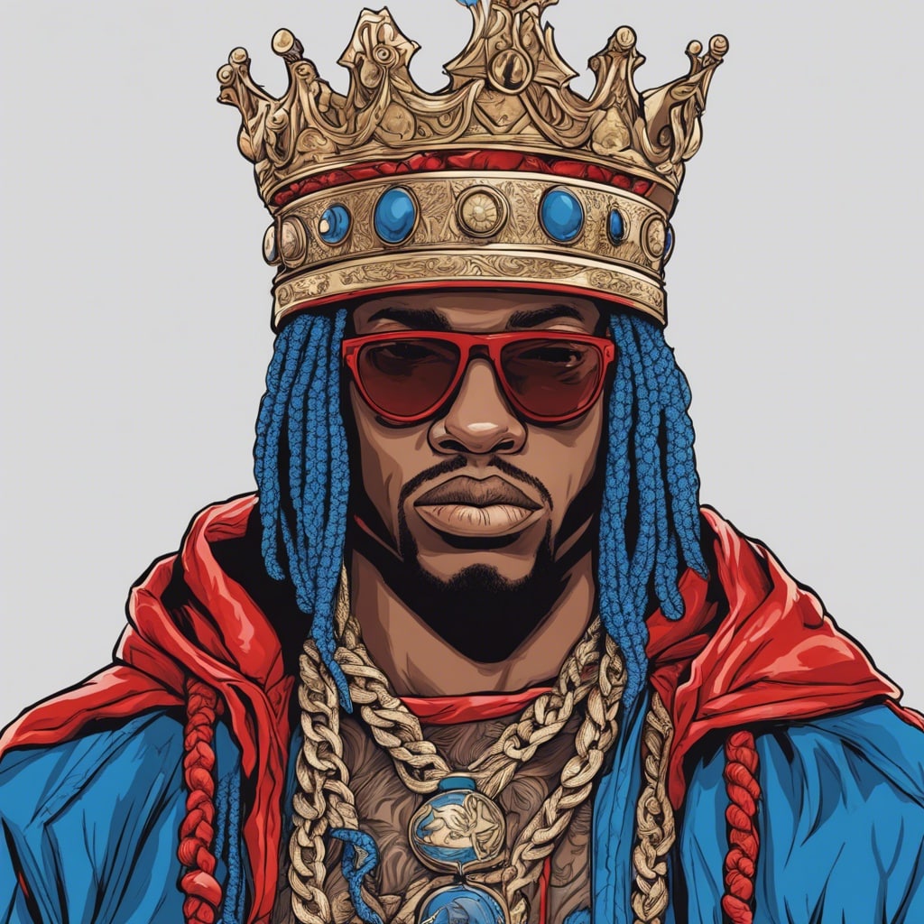 King Von wearing crown on his had, blue and red portrait
