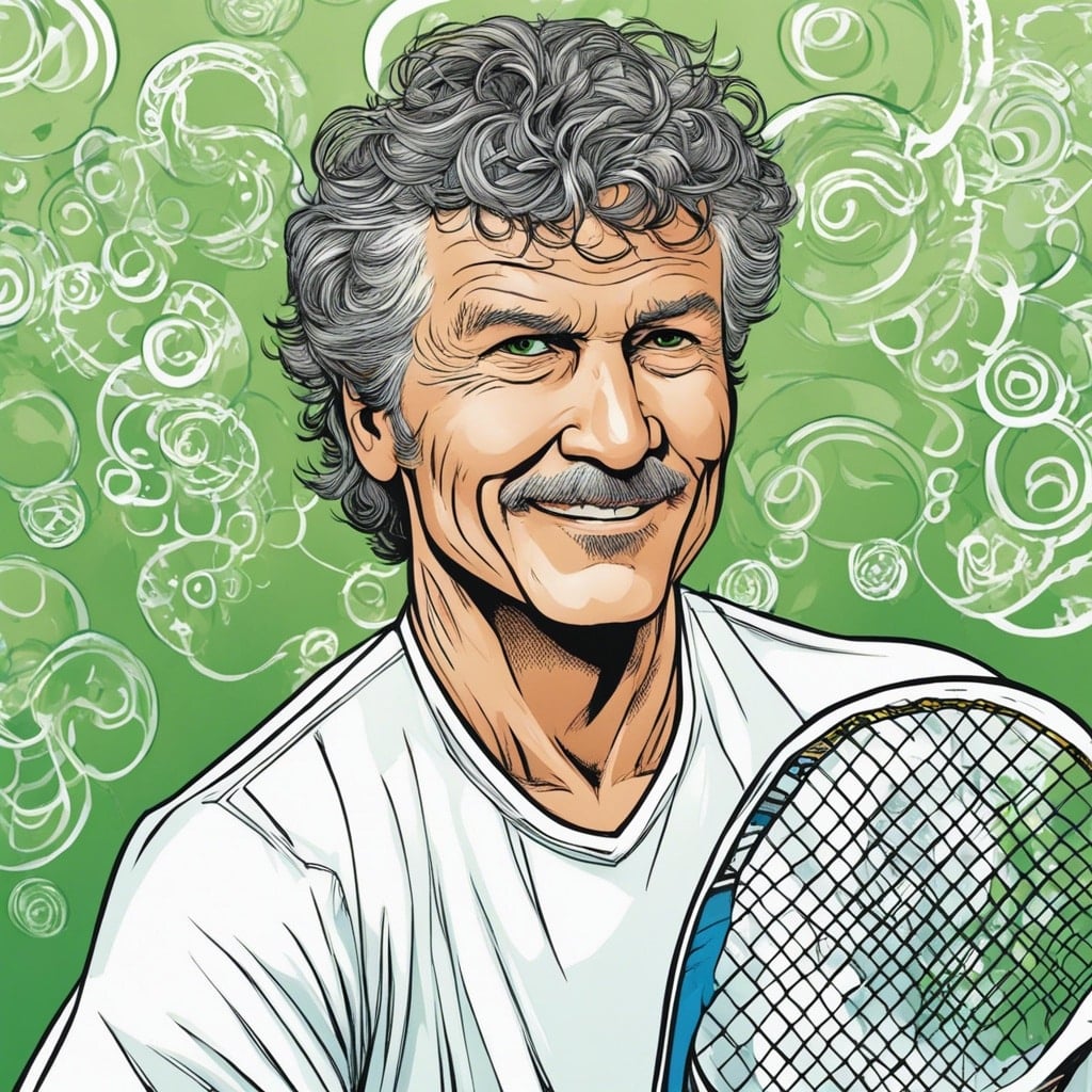 Rick Macci holding tennis stick, blue and green portrait