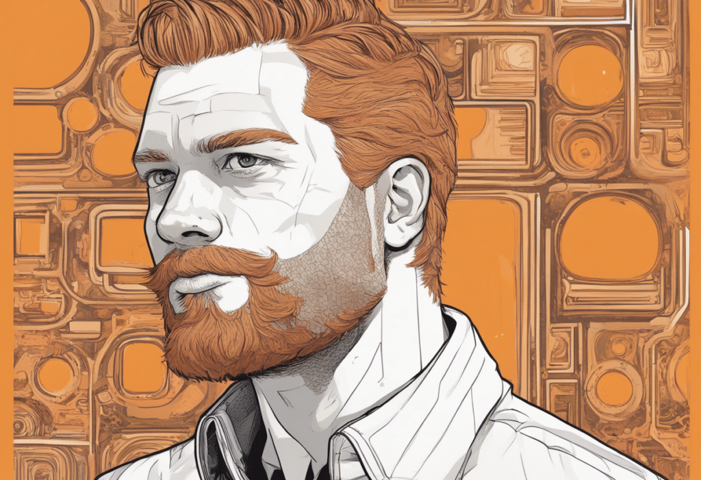 Riley Roberts illustrated biography, orange portrait with orange background