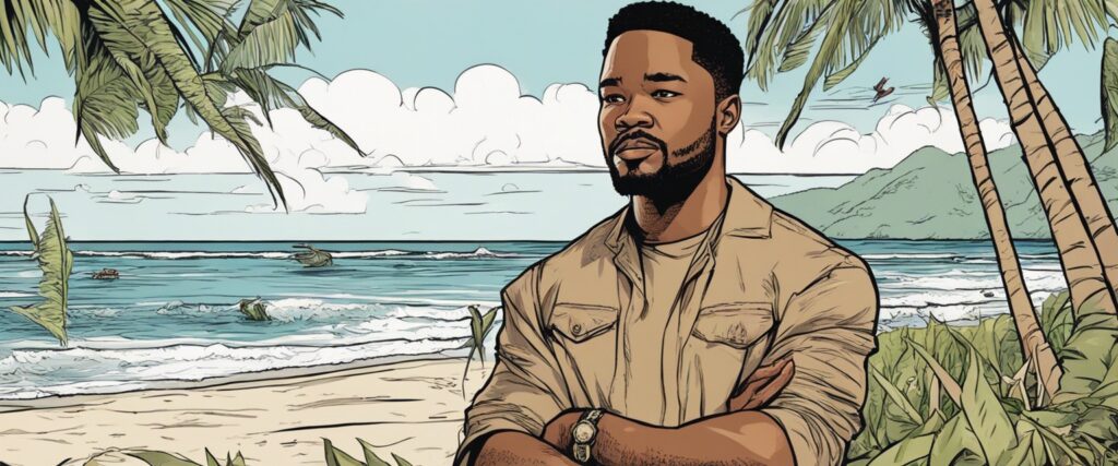 Ryan Coogler on a beach having fun, portrait