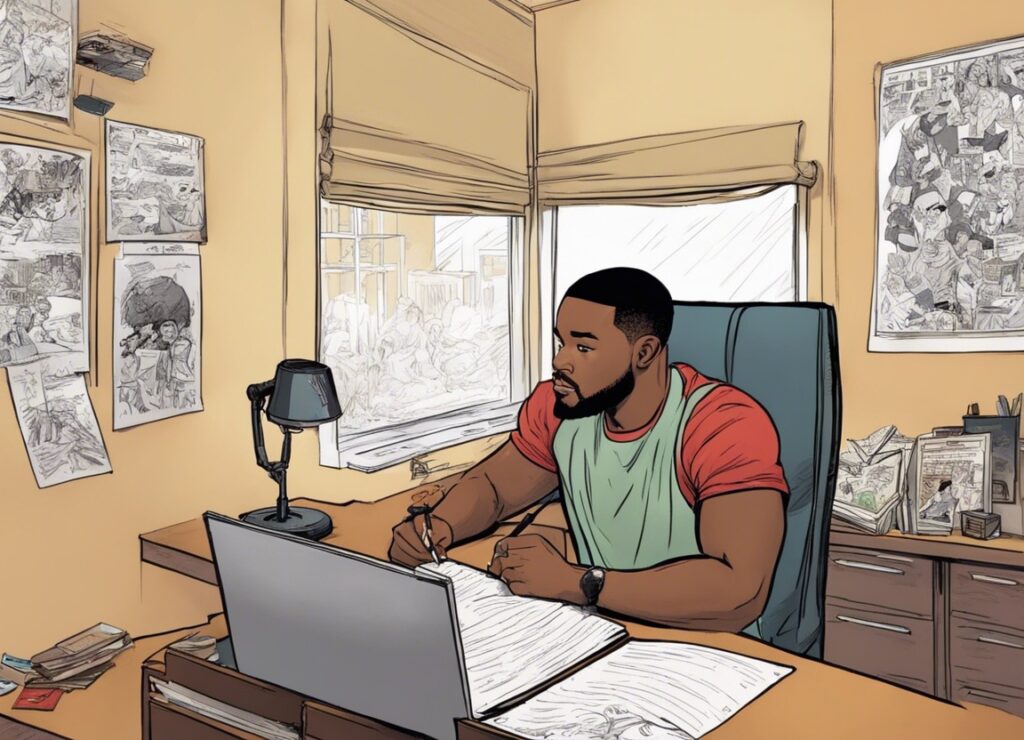 Ryan Coogler in his office writing scripts 