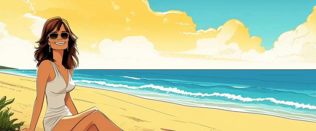 Sally Field on a beach having fun and resting, blue ocean and sky, yellow sand and clouds